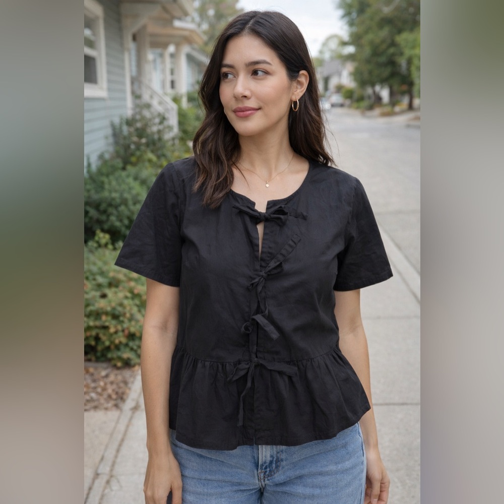 SIM & SAM Anthro Boho Tie Up Front Blouse Shirt Top Cotton Bow Strap Ruffle Cute